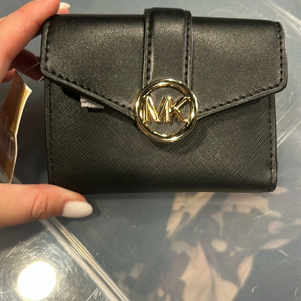 Michael Kors Black Vegan Wallet with Gold MK Emblem style Carmen - Picture 1 of 4